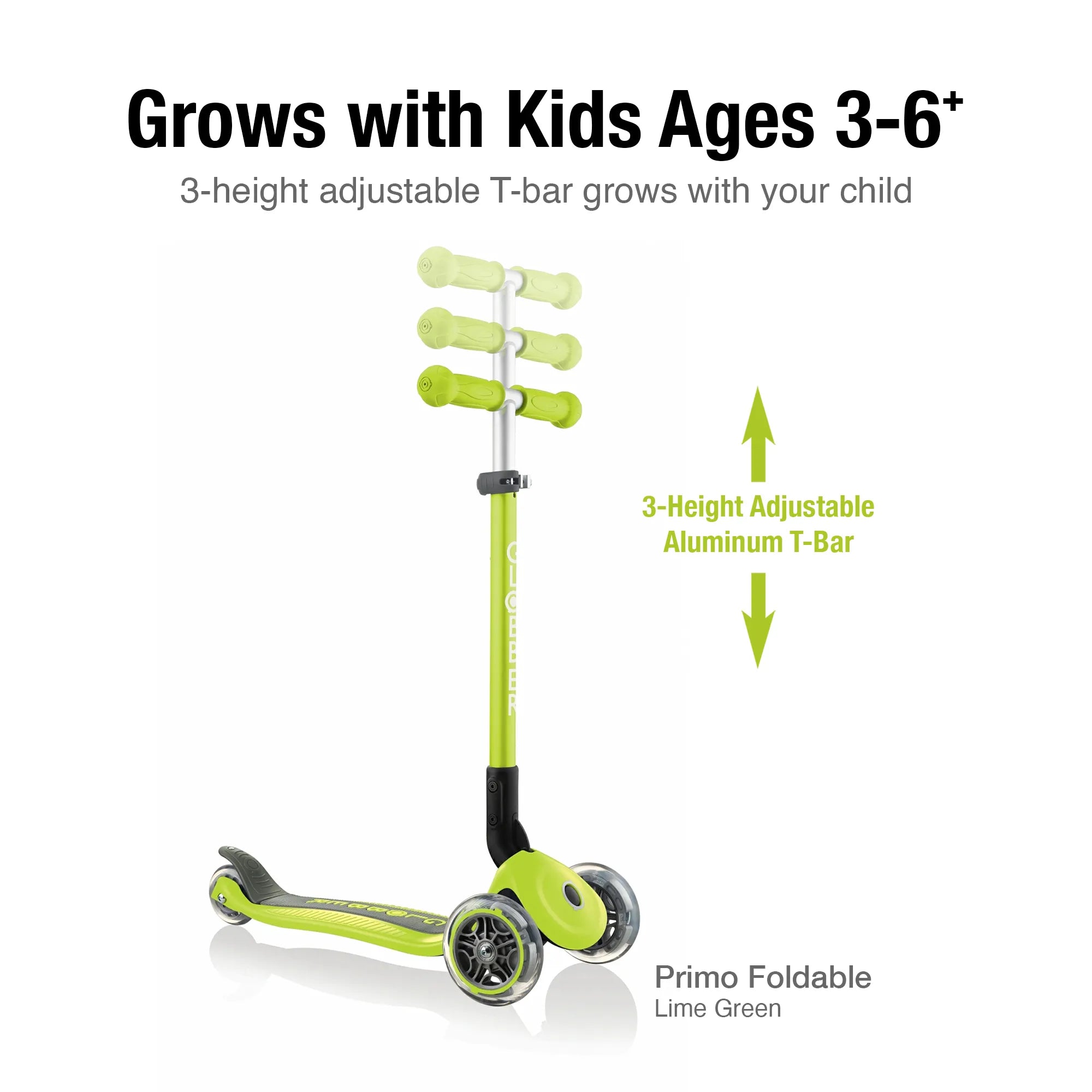 Globber primo foldable and adjustable 3 wheel scooter lime green front right view displaying its 3 height adjustable t bar.