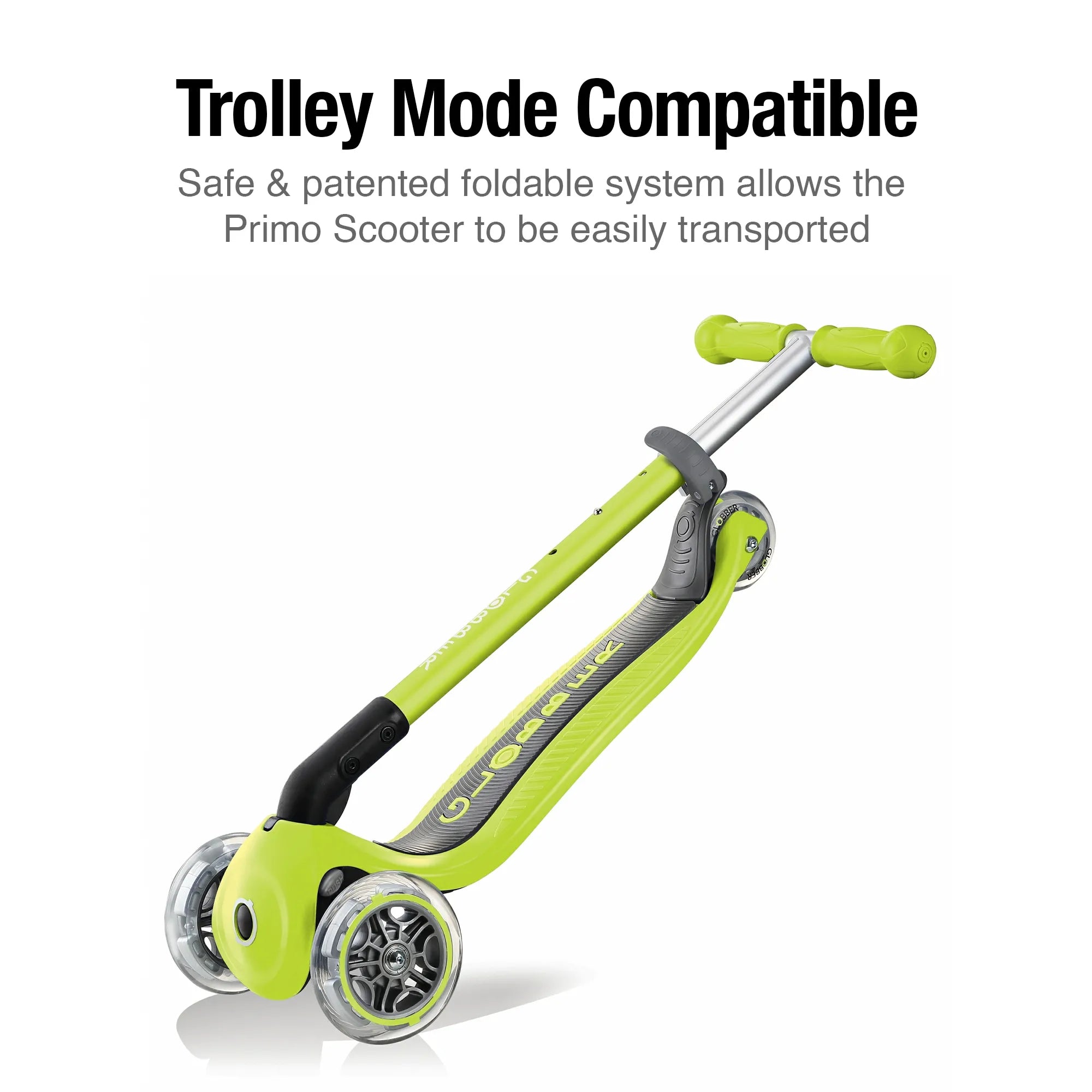 Globber primo foldable and adjustable 3 wheel scooter lime green front left view displaying it in pull along trolley mode.