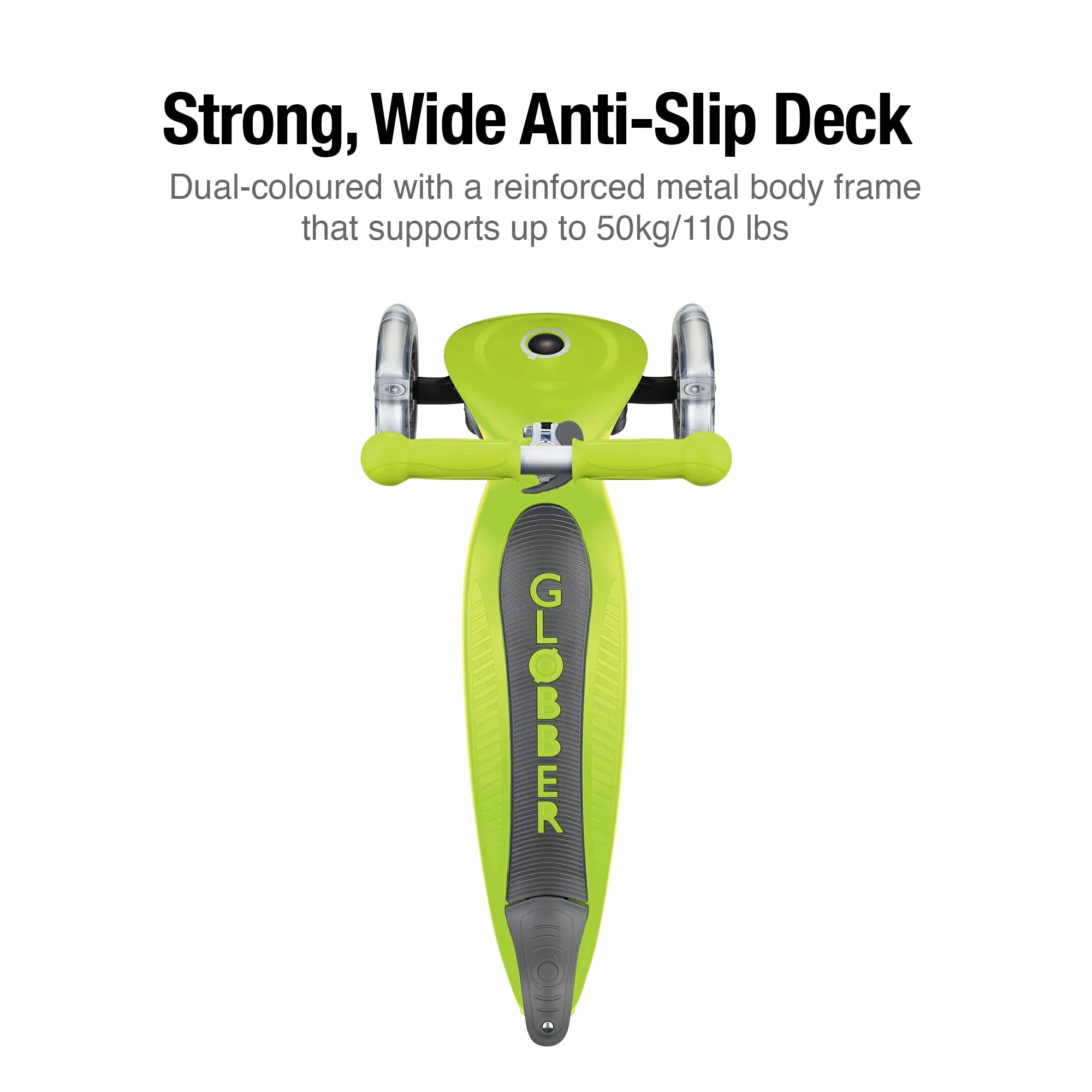 Globber primo foldable 3 wheel scooter lime green top view of its wide anti slip deck and 110 pound rider weight limit.