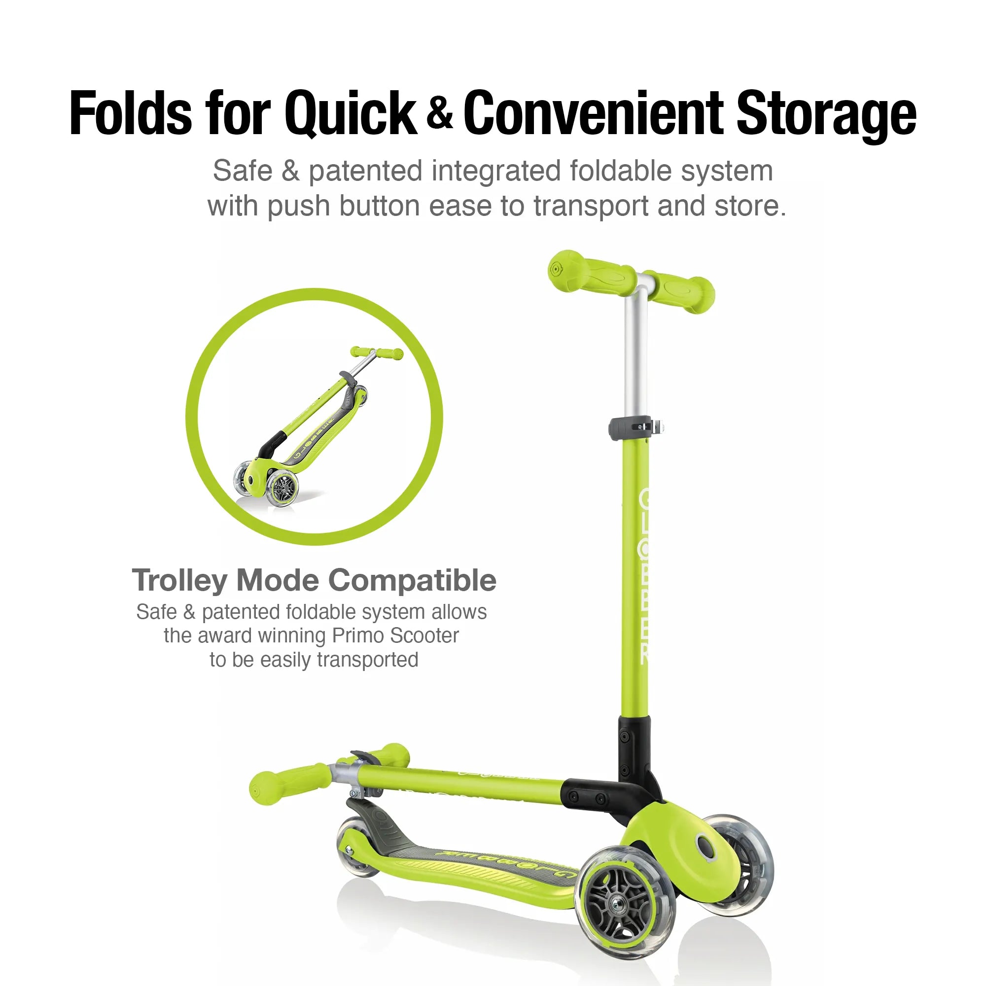 Globber primo foldable lime green front right view of folded t bar with inset image displaying it in pull along trolley mode.