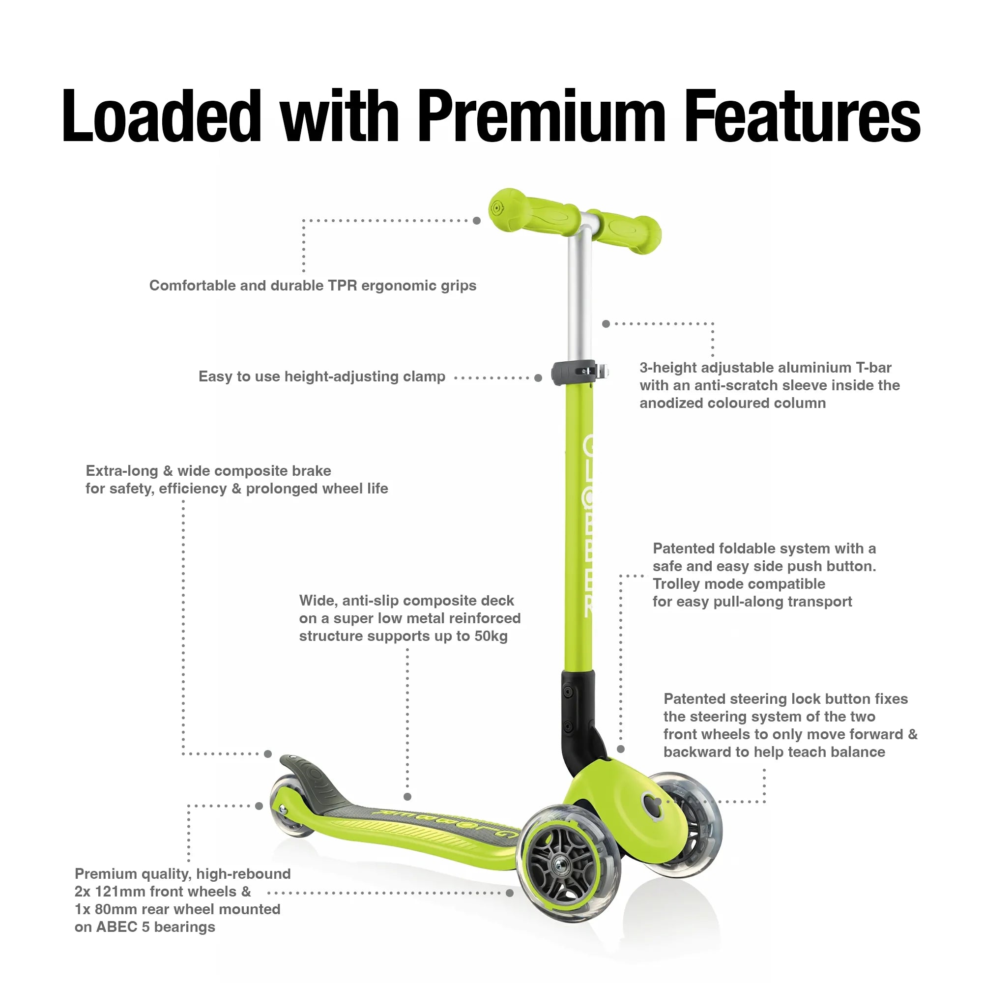 Globber primo foldable and adjustable 3 wheel scooter lime green front right view listing its many premium features.