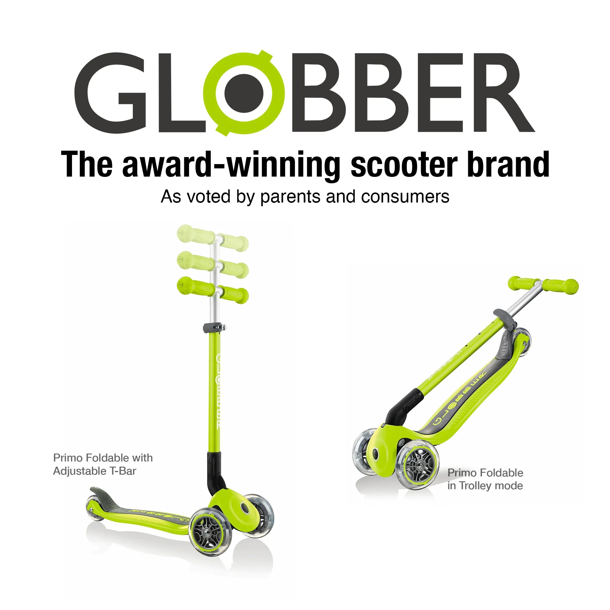 Globber primo foldable 3 wheel scooter lime green dual view of its 3 height adjustable t bar and trolley mode capabilities.