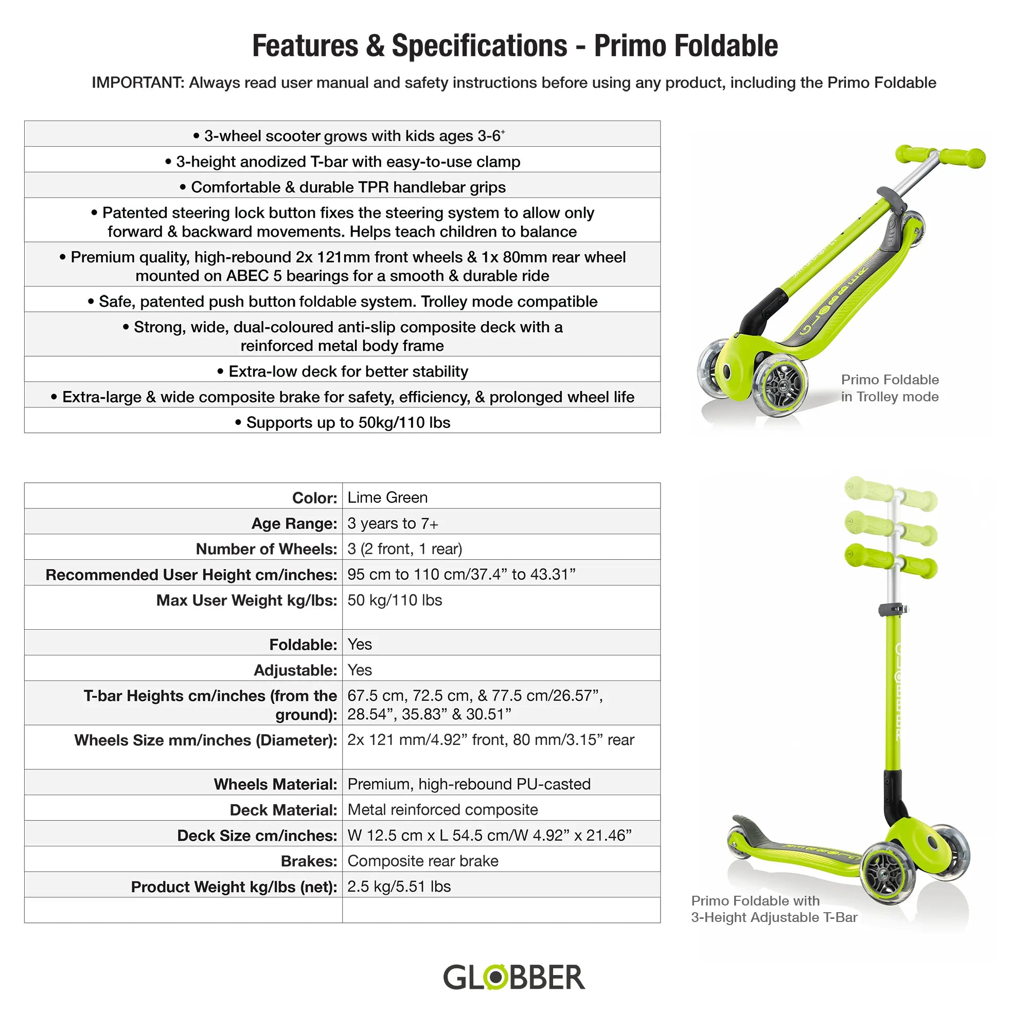 Table chart listing the features and specs of the globber primo foldable adjustable 3 wheel scooter. Lime green model shown.