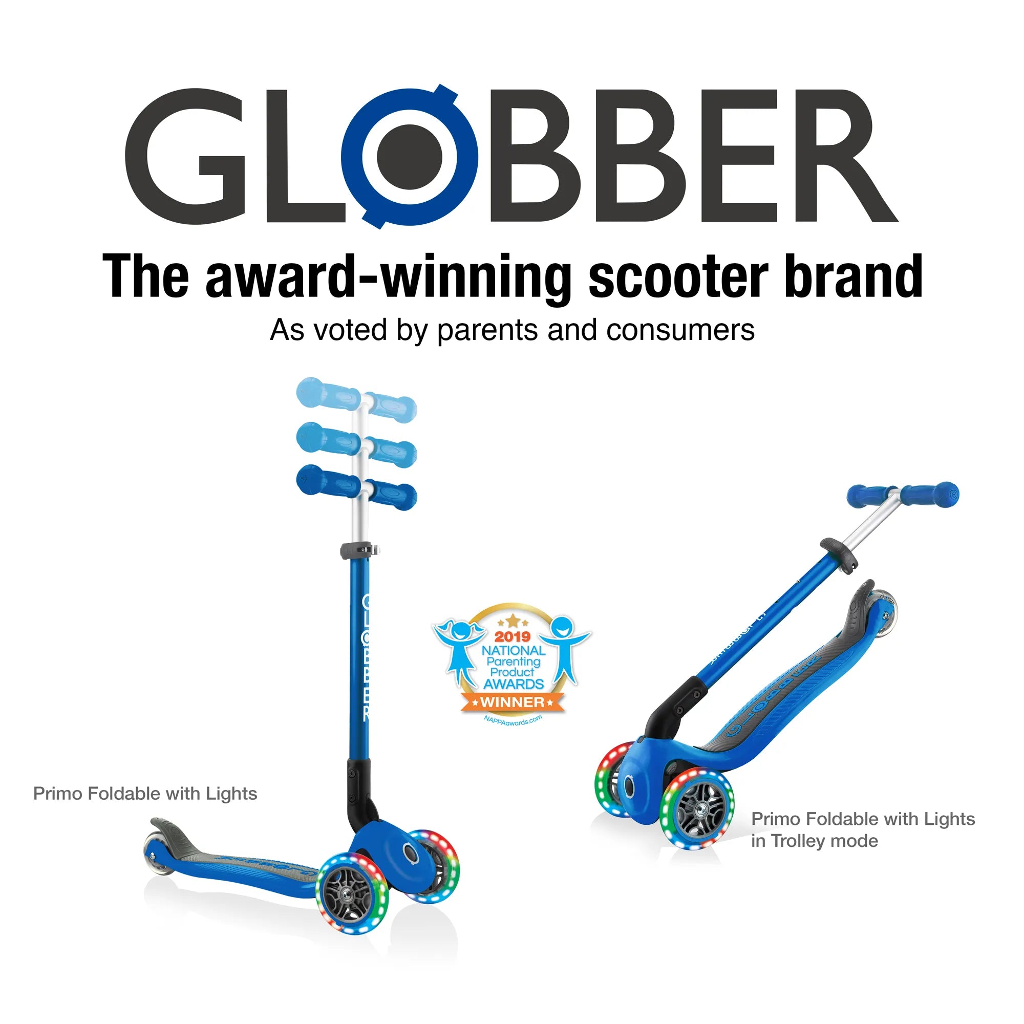 Globber Primo Foldable Lights - Navy Blue - Award-Winning Scooter - Ages 3-6+ - Brown's Hobby & Game