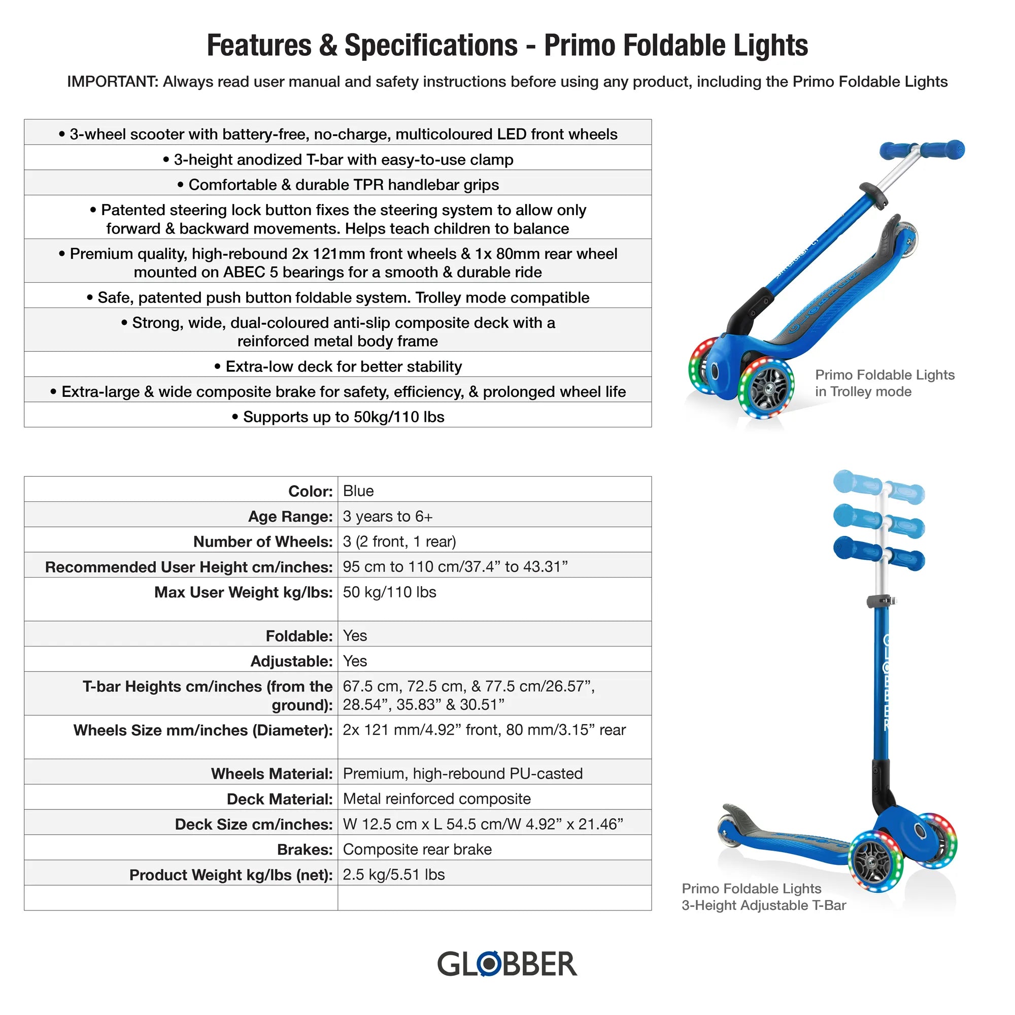 Globber Primo Foldable Lights - Navy Blue - Award-Winning Scooter - Ages 3-6+ - Brown's Hobby & Game