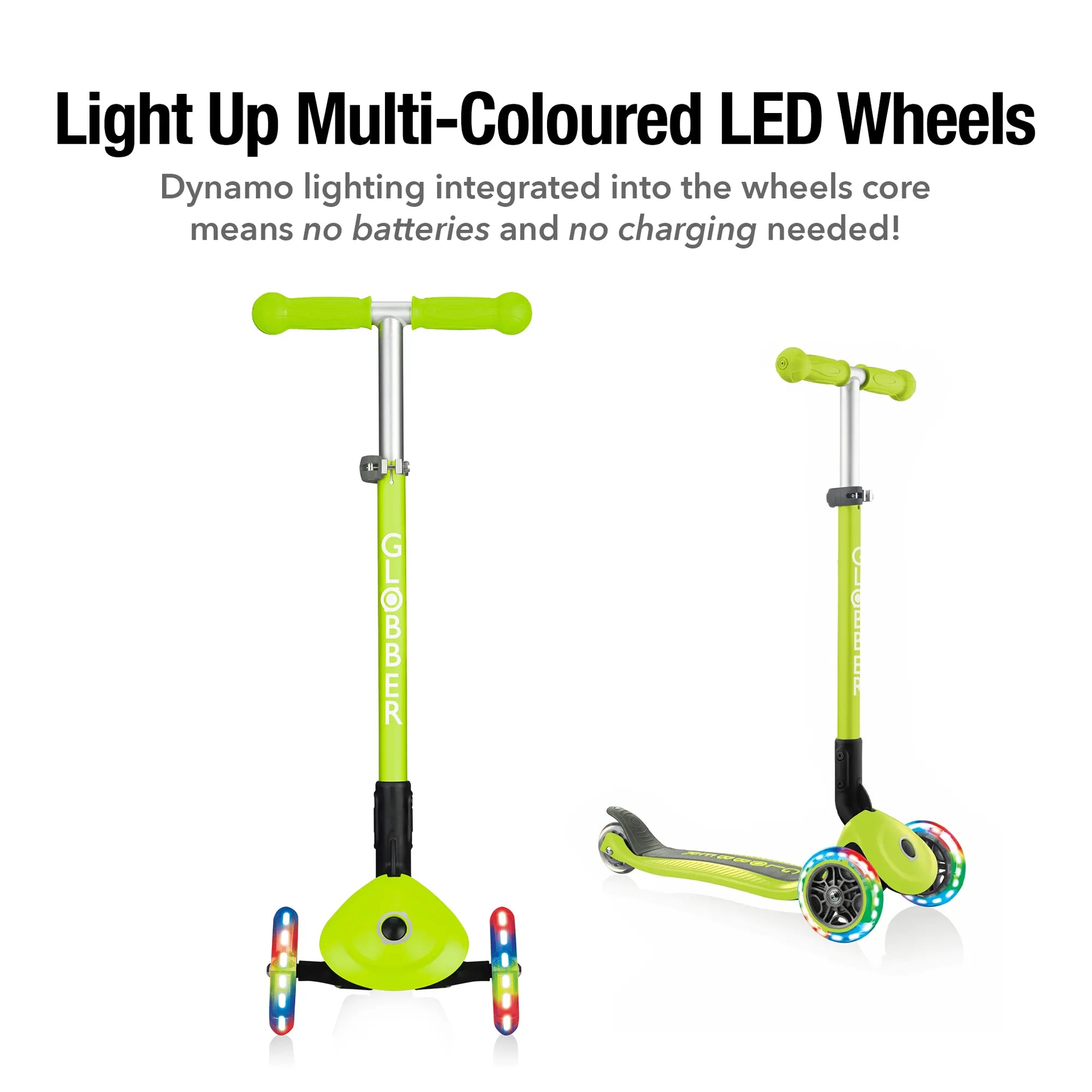 Globber Primo Foldable Lights - Lime Green - Award-Winning Scooter - Ages 3-6+ - Brown's Hobby & Game