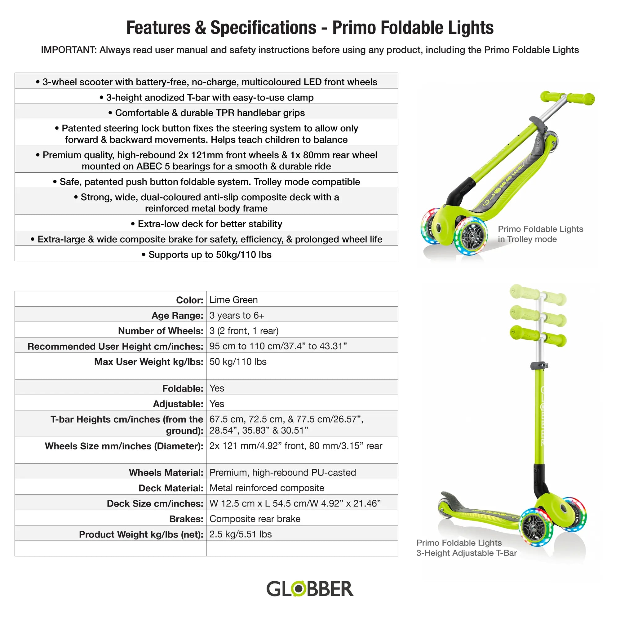 Globber Primo Foldable Lights - Lime Green - Award-Winning Scooter - Ages 3-6+ - Brown's Hobby & Game