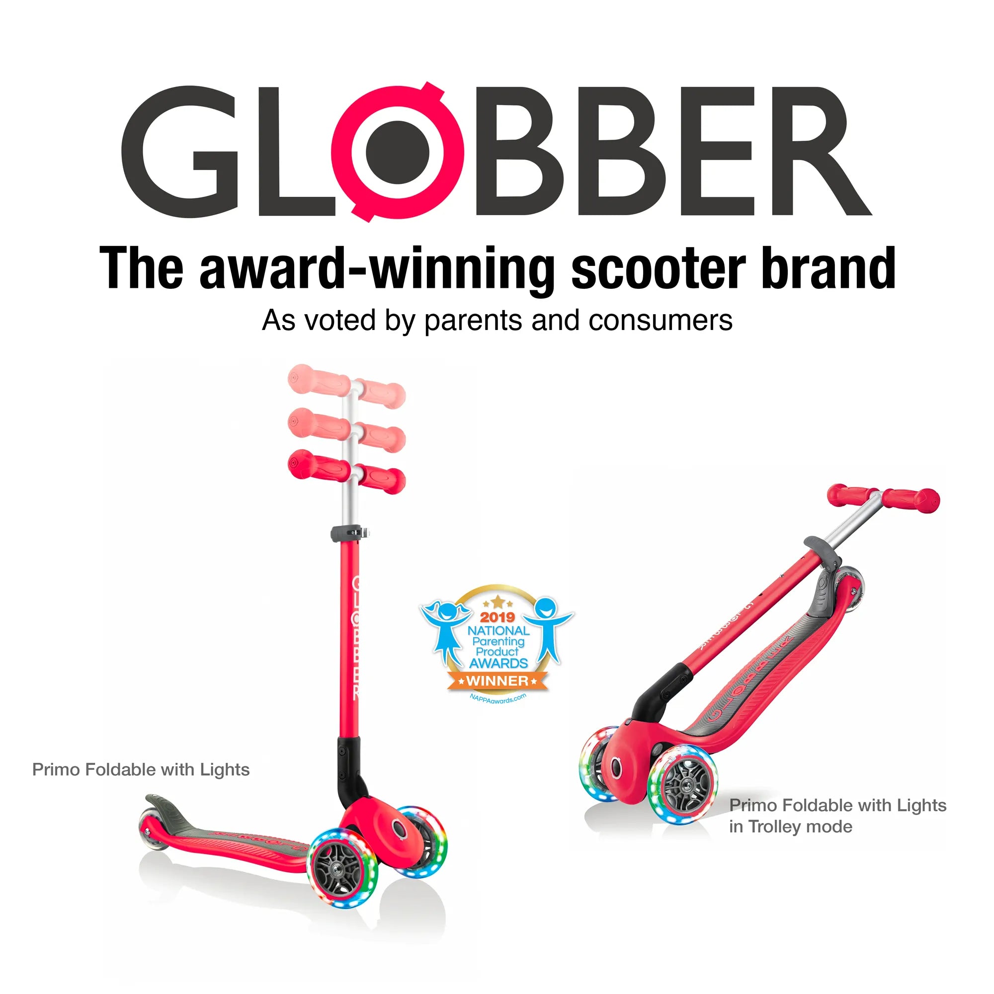 Globber Primo Foldable Lights - Red - Award-Winning Scooter - Ages 3-6+ - Brown's Hobby & Game