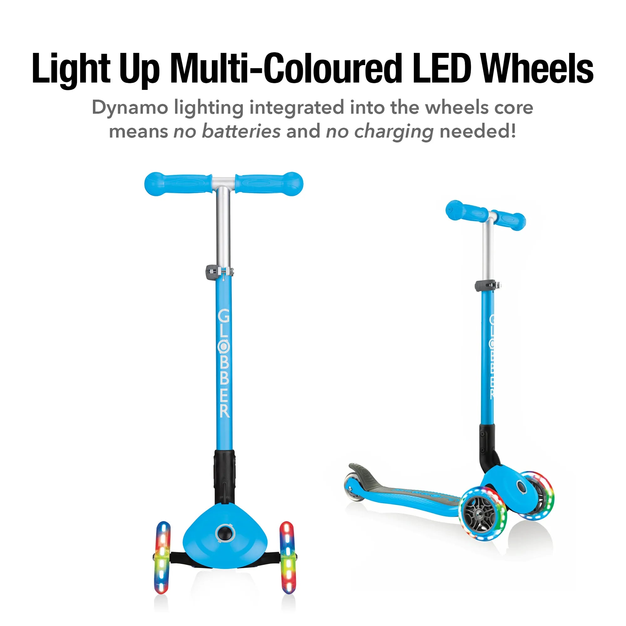 Globber Primo Foldable Lights - Sky Blue - Award-Winning Scooter - Ages 3-6+ - Brown's Hobby & Game