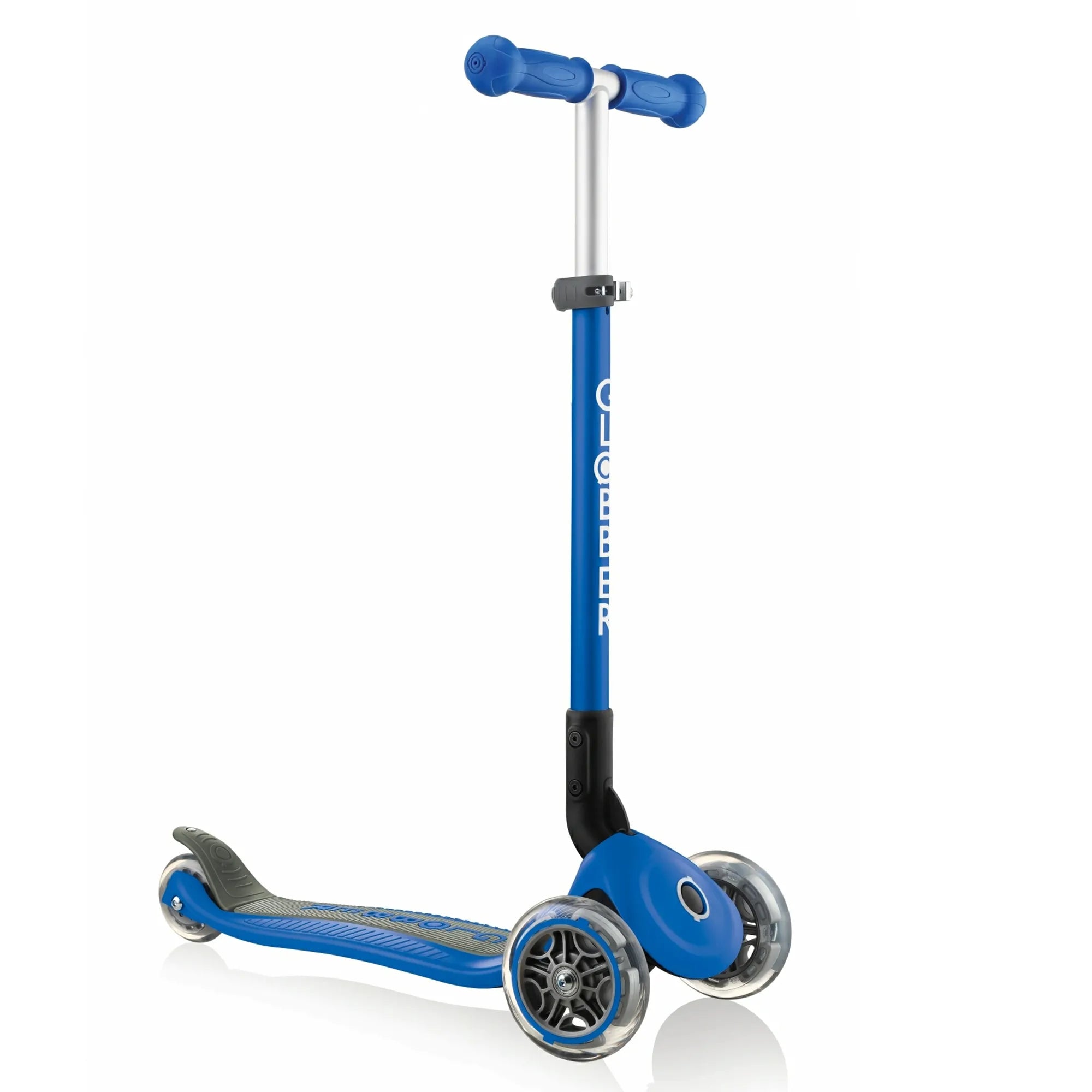 Globber primo foldable and adjustable 3 wheel scooter grows with kids ages 3 years to 7 plus navy blue front right view. 