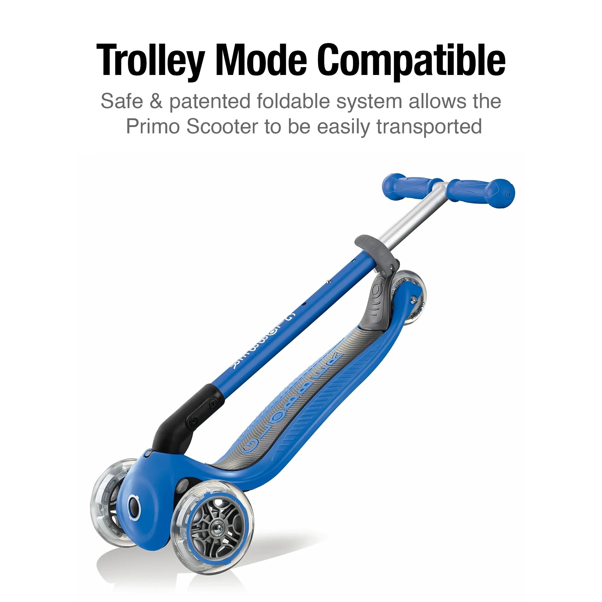 Globber primo foldable and adjustable 3 wheel scooter navy blue front left view displaying it in pull along trolley mode.