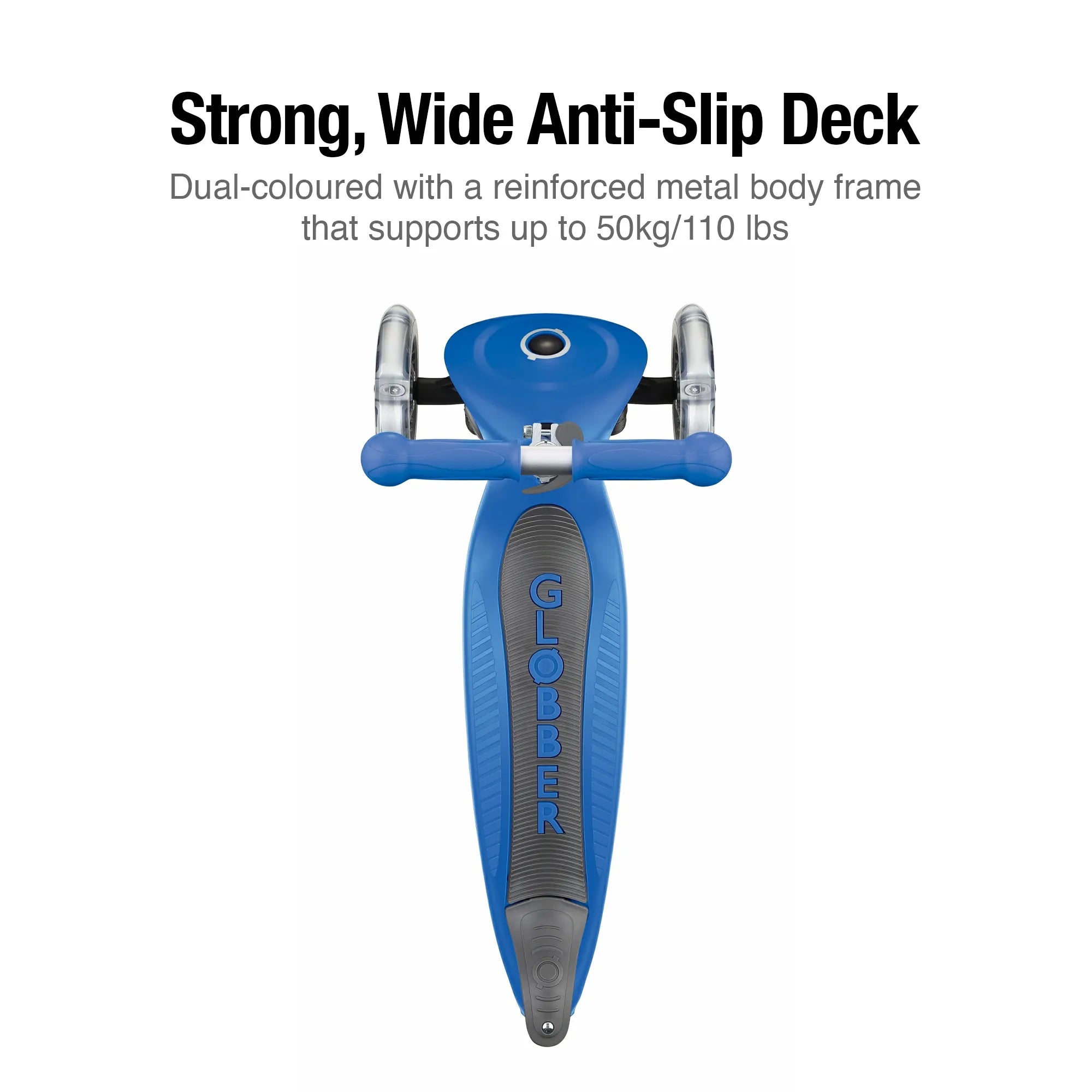 Globber primo foldable 3 wheel scooter navy blue top view of its wide anti slip deck and 110 pound rider weight limit.