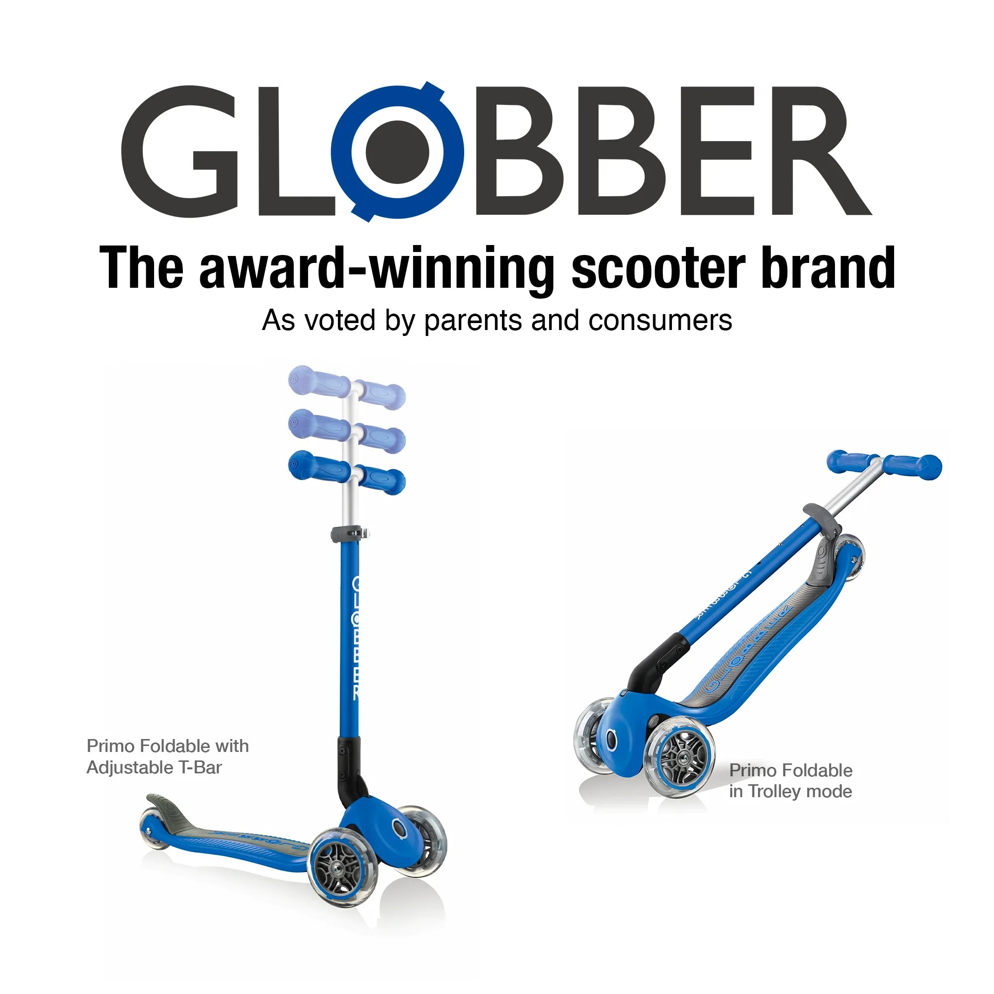 Globber primo foldable 3 wheel scooter navy blue dual view of its 3 height adjustable t bar and trolley mode capabilities.