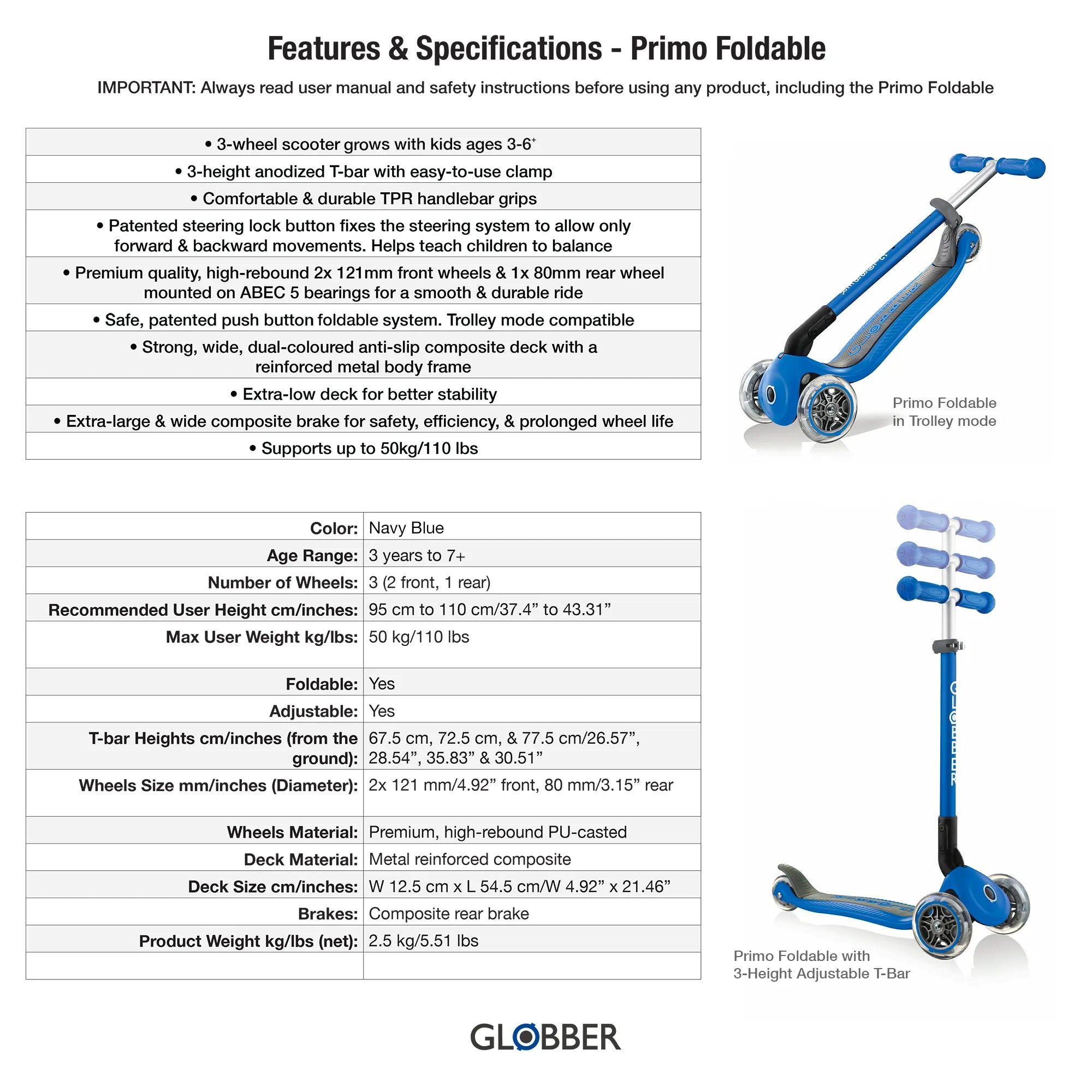 Table chart listing the features and specs of the globber primo foldable adjustable 3 wheel scooter. Navy blue model shown.